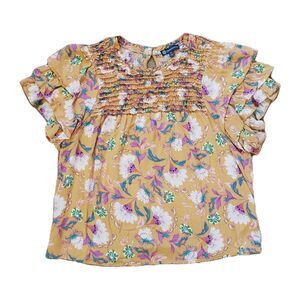 Democracy Women's Floral Top Blouse Ruched Ruffle Sleeves Boho Relaxed Size M